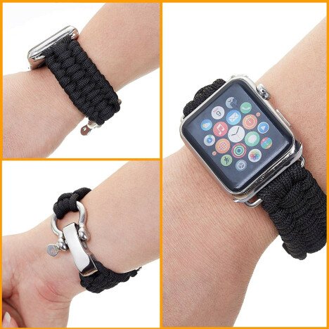 Curea iUni compatibila cu Apple Watch 1/2/3/4/5/6/7, 44mm, Elastic Paracord, Rugged Nylon Rope, Blac